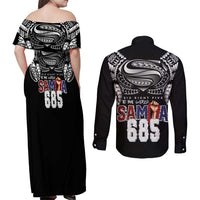 Super Samoa-Six Eight Five to The World Couples Matching Off Shoulder Maxi Dress and Long Sleeve Button Shirt Traditional Samoan Tattoo Black Color