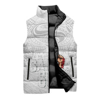 Super Samoa-Six Eight Five to The World Sleeveless Puffer Jacket Traditional Samoan Tattoo All White