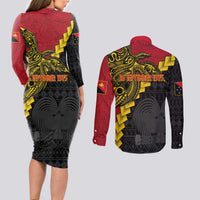 Papua New Guinea Independence Day Couples Matching Long Sleeve Bodycon Dress and Long Sleeve Button Shirt Bird-of-paradise Melanesian Tattoo LT03 - Polynesian Pride