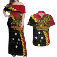 Papua New Guinea Independence Day Couples Matching Off Shoulder Maxi Dress and Hawaiian Shirt Bird-of-paradise Melanesian Tattoo LT03 Red - Polynesian Pride