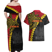 Papua New Guinea Independence Day Couples Matching Off Shoulder Maxi Dress and Hawaiian Shirt Bird-of-paradise Melanesian Tattoo LT03 - Polynesian Pride