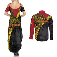 Papua New Guinea Independence Day Couples Matching Summer Maxi Dress and Long Sleeve Button Shirt Bird-of-paradise Melanesian Tattoo LT03 - Polynesian Pride