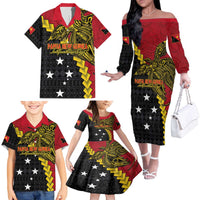 Papua New Guinea Independence Day Family Matching Off The Shoulder Long Sleeve Dress and Hawaiian Shirt Bird-of-paradise Melanesian Tattoo LT03 - Polynesian Pride