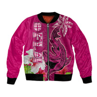Custom Polynesian Fiji Bomber Jacket Shark and Hibiscus Tapa Pattern Purple Version LT03 Unisex Pink - Polynesian Pride