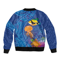 Hawaiian Funny Fruits Sea Animals Bomber Jacket Mango Reef Triggerfish and Pineapple Turtle and Mandarin Jellyfish