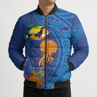 Hawaiian Funny Fruits Sea Animals Bomber Puffer Jacket Mango Reef Triggerfish and Pineapple Turtle and Mandarin Jellyfish