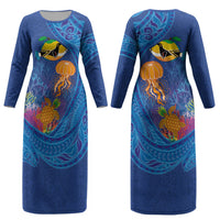 Hawaiian Funny Fruits Sea Animals Couples Matching Long Sleeve Bodycon Dress and Hawaiian Shirt Mango Reef Triggerfish and Pineapple Turtle and Mandarin Jellyfish LT03 - Polynesian Pride