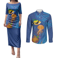 Hawaiian Funny Fruits Sea Animals Couples Matching Puletasi and Long Sleeve Button Shirt Mango Reef Triggerfish and Pineapple Turtle and Mandarin Jellyfish LT03 Blue - Polynesian Pride