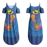 Hawaiian Funny Fruits Sea Animals Couples Matching Summer Maxi Dress and Hawaiian Shirt Mango Reef Triggerfish and Pineapple Turtle and Mandarin Jellyfish LT03 - Polynesian Pride
