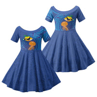 Hawaiian Funny Fruits Sea Animals Family Matching Off Shoulder Short Dress and Hawaiian Shirt Mango Reef Triggerfish and Pineapple Turtle and Mandarin Jellyfish LT03 Daughter's Dress Blue - Polynesian Pride