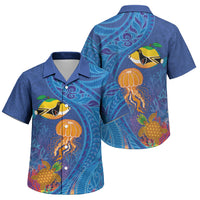 Hawaiian Funny Fruits Sea Animals Family Matching Puletasi and Hawaiian Shirt Mango Reef Triggerfish and Pineapple Turtle and Mandarin Jellyfish LT03 Son's Shirt Blue - Polynesian Pride