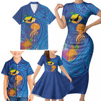 Hawaiian Funny Fruits Sea Animals Family Matching Short Sleeve Bodycon Dress and Hawaiian Shirt Mango Reef Triggerfish and Pineapple Turtle and Mandarin Jellyfish LT03 - Polynesian Pride