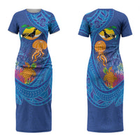 Hawaiian Funny Fruits Sea Animals Family Matching Short Sleeve Bodycon Dress and Hawaiian Shirt Mango Reef Triggerfish and Pineapple Turtle and Mandarin Jellyfish LT03 Mom's Dress Blue - Polynesian Pride