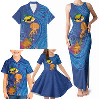 Hawaiian Funny Fruits Sea Animals Family Matching Tank Maxi Dress and Hawaiian Shirt Mango Reef Triggerfish and Pineapple Turtle and Mandarin Jellyfish LT03 - Polynesian Pride