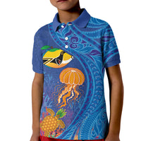 Hawaiian Funny Fruits Sea Animals Kid Polo Shirt Mango Reef Triggerfish and Pineapple Turtle and Mandarin Jellyfish LT03 Kid Blue - Polynesian Pride