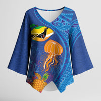Hawaiian Funny Fruits Sea Animals Kimono Sleeve Blouse Mango Reef Triggerfish and Pineapple Turtle and Mandarin Jellyfish LT03 Female Blue - Polynesian Pride