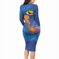 Hawaiian Funny Fruits Sea Animals Long Sleeve Bodycon Dress Mango Reef Triggerfish and Pineapple Turtle and Mandarin Jellyfish LT03 - Polynesian Pride