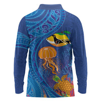 Hawaiian Funny Fruits Sea Animals Long Sleeve Polo Shirt Mango Reef Triggerfish and Pineapple Turtle and Mandarin Jellyfish LT03 - Polynesian Pride