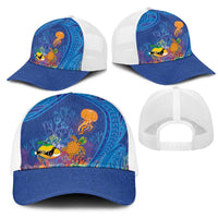 Hawaiian Funny Fruits Sea Animals Mesh Trucker Cap Mango Reef Triggerfish and Pineapple Turtle and Mandarin Jellyfish
