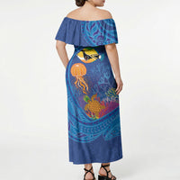 Hawaiian Funny Fruits Sea Animals Off Shoulder Maxi Dress Mango Reef Triggerfish and Pineapple Turtle and Mandarin Jellyfish LT03 - Polynesian Pride