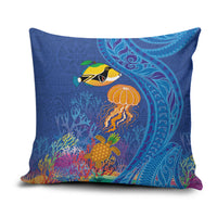 Hawaiian Funny Fruits Sea Animals Pillow Cover Mango Reef Triggerfish and Pineapple Turtle and Mandarin Jellyfish LT03 Blue - Polynesian Pride