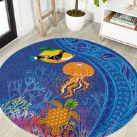 Hawaiian Funny Fruits Sea Animals Round Carpet Mango Reef Triggerfish and Pineapple Turtle and Mandarin Jellyfish LT03 Blue - Polynesian Pride
