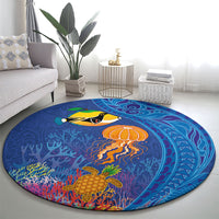 Hawaiian Funny Fruits Sea Animals Round Carpet Mango Reef Triggerfish and Pineapple Turtle and Mandarin Jellyfish LT03 - Polynesian Pride