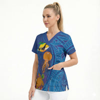 Hawaiian Funny Fruits Sea Animals Scrub Top Mango Reef Triggerfish and Pineapple Turtle and Mandarin Jellyfish LT03 - Polynesian Pride