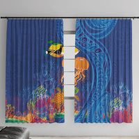 Hawaiian Funny Fruits Sea Animals Window Curtain Mango Reef Triggerfish and Pineapple Turtle and Mandarin Jellyfish LT03 With Hooks Blue - Polynesian Pride