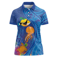 Hawaiian Funny Fruits Sea Animals Women Polo Shirt Mango Reef Triggerfish and Pineapple Turtle and Mandarin Jellyfish LT03 Female Blue - Polynesian Pride