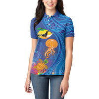 Hawaiian Funny Fruits Sea Animals Women Polo Shirt Mango Reef Triggerfish and Pineapple Turtle and Mandarin Jellyfish LT03 - Polynesian Pride