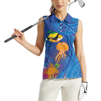 Hawaiian Funny Fruits Sea Animals Women Sleeveless Polo Shirt Mango Reef Triggerfish and Pineapple Turtle and Mandarin Jellyfish LT03 - Polynesian Pride