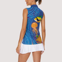 Hawaiian Funny Fruits Sea Animals Women Sleeveless Polo Shirt Mango Reef Triggerfish and Pineapple Turtle and Mandarin Jellyfish LT03 - Polynesian Pride