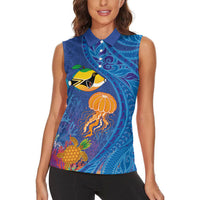Hawaiian Funny Fruits Sea Animals Women Sleeveless Polo Shirt Mango Reef Triggerfish and Pineapple Turtle and Mandarin Jellyfish LT03 - Polynesian Pride