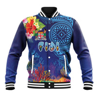 Fiji Day Baseball Jacket Coral Reef with Tapa Motifs and Hibiscus Ocean Vibe LT03 Unisex Blue - Polynesian Pride