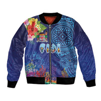 Fiji Day Bomber Jacket Coral Reef with Tapa Motifs and Hibiscus Ocean Vibe LT03 Unisex Blue - Polynesian Pride