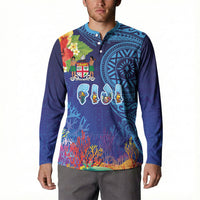 Fiji Day Button Sweatshirt Coral Reef with Tapa Motifs and Hibiscus Ocean Vibe LT03 - Polynesian Pride