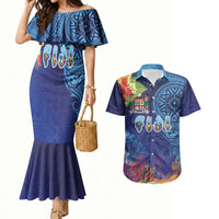 Fiji Day Couples Matching Mermaid Dress and Hawaiian Shirt Coral Reef with Tapa Motifs and Hibiscus Ocean Vibe LT03 Blue - Polynesian Pride