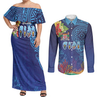 Fiji Day Couples Matching Off Shoulder Maxi Dress and Long Sleeve Button Shirt Coral Reef with Tapa Motifs and Hibiscus Ocean Vibe LT03 Blue - Polynesian Pride