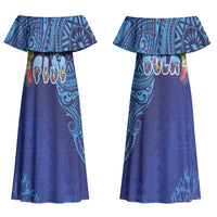 Fiji Day Couples Matching Off Shoulder Maxi Dress and Long Sleeve Button Shirt Coral Reef with Tapa Motifs and Hibiscus Ocean Vibe LT03 - Polynesian Pride