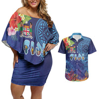 Fiji Day Couples Matching Off Shoulder Short Dress and Hawaiian Shirt Coral Reef with Tapa Motifs and Hibiscus Ocean Vibe LT03 Blue - Polynesian Pride