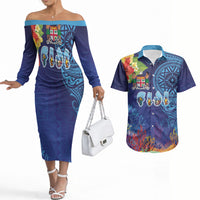 Fiji Day Couples Matching Off The Shoulder Long Sleeve Dress and Hawaiian Shirt Coral Reef with Tapa Motifs and Hibiscus Ocean Vibe LT03 Blue - Polynesian Pride