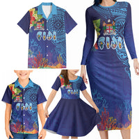 Fiji Day Family Matching Long Sleeve Bodycon Dress and Hawaiian Shirt Coral Reef with Tapa Motifs and Hibiscus Ocean Vibe LT03 - Polynesian Pride