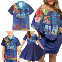 Fiji Day Family Matching Off Shoulder Short Dress and Hawaiian Shirt Coral Reef with Tapa Motifs and Hibiscus Ocean Vibe LT03 - Polynesian Pride