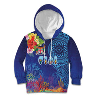 Fiji Day Kid Hoodie Coral Reef with Tapa Motifs and Hibiscus Ocean Vibe LT03 Hoodie Blue - Polynesian Pride