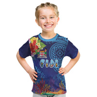 Fiji Day Kid T Shirt Coral Reef with Tapa Motifs and Hibiscus Ocean Vibe LT03 Blue - Polynesian Pride