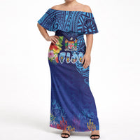 Fiji Day Off Shoulder Maxi Dress Coral Reef with Tapa Motifs and Hibiscus Ocean Vibe LT03 Women Blue - Polynesian Pride