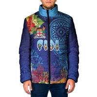 Fiji Day Padded Jacket Coral Reef with Tapa Motifs and Hibiscus Ocean Vibe LT03 Men Blue - Polynesian Pride
