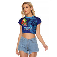Fiji Day Raglan Cropped T Shirt Coral Reef with Tapa Motifs and Hibiscus Ocean Vibe LT03 Female Blue - Polynesian Pride