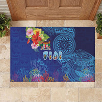 Fiji Day Rubber Doormat Coral Reef with Tapa Motifs and Hibiscus Ocean Vibe LT03 Blue - Polynesian Pride